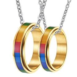 Halskette mit Ring Paar, Halskette Frauen Edelstahl Gravur Gold Drehbar LGBT Ring 6mm Halskette Damen 62 + Herren 67 von Gualiy