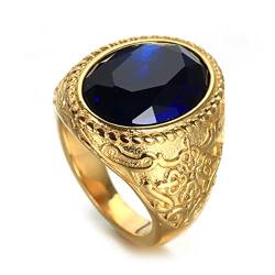 Herrenring Edelstahl, Biker Ringe Herren, Vintage Gold mit blauem Oval Cubic Zirkonia Vertrauensringaus Edelstahl Gold Ringgröße 67 (21.3) von Gualiy