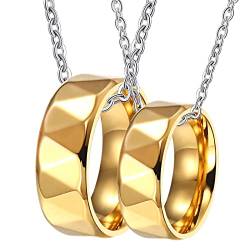 Paar Halskette Ring, Pärchen Kette Edelstahl Gravur 8mm Gold Ring Facettenreich Halsketten Damen 57 + Herren 65 von Gualiy