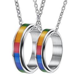Paar Halskette mit Gravur, Partner Halskette Edelstahl Silber Drehbar LGBT Ring 6mm Halskette Damen 57 + Herren 62 von Gualiy