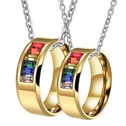 Pärchen Halskette Ring, Herren Halskette Edelstahl Gravur Gold LGBT Ring mit Regenbogen Zirkonia Paar Halsketten Damen 49 + Herren 57 von Gualiy