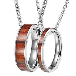 Pärchen Ring mit Kette, Edelstahlkette mit Gravur 6mm 4mm Silber Ring Eingelegt Holz Paar Halskette Damen 54 + Herren 67 von Gualiy