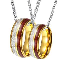 Partner Halskette mit Gravur, Herren Halskette Edelstahl 8mm Gold Ring Eingelegt Holz Paar Halsketten Damen 57 + Herren 57 von Gualiy