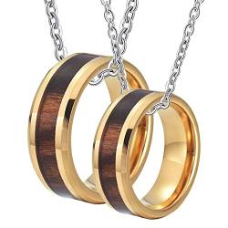 Ring Halskette Paar, Edelstahl Halskette Herren Gravur 8mm Gold Holzring Abgeschrägte Kante Anhänger Damen 65 + Herren 62 von Gualiy