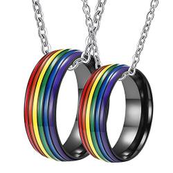 Verlobung Halskette Paar, Halskette Edelstahl Männer Gravur 8mm Schwarz LGBT Ring mit Regenbogen Emaille Anhänger Damen 65 + Herren 65 von Gualiy
