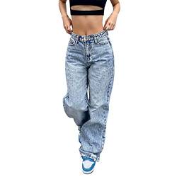 Damen Baggy Jeans High Waist Vintage Hosen mit Taschen Lässiges Schlaghose Cargo Jeans Fashion Straight Leg Cargohose Damenjeans Breite Beine Jeanshosen Streetwear für Frauen Mädchen (Blue-b, M) von Guanghuansishe