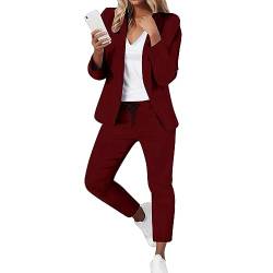 Damen Elegant 2 Teilig Hosenanzug Langarm Business Set Zweiteiler Einfarbig Hose Lange Hosenanzüge Sportlich Slimfit Streetwear Frauen Freizeitanzug, Damen Zweiteiler Fashion Set (Wine-3, L) von Guanghuansishe