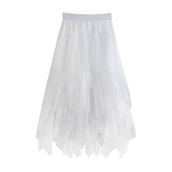 Damen Faltenrock Tüllrock Asymmetrisch Röcke Kurzer Skater Röcke Midirock Sommerrock, Tüllrock Damen Elegant Mesh Rock Lang Stufenrock Tüll Rock Knielang Tütü Röcke für Karneval (White-1, One Size) von Guanghuansishe