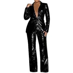 Guanghuansishe Pailletten Zweiteiliger Hose Damen Business Set Hosenanzug Hose Zweiteiler Slimfit Streetwear Damenanzug 2 Stück Set Hosenanzüge für Damen Slimfit Festlich (Black, XXL) von Guanghuansishe