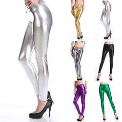 Leggins Silber Metallic Damen Glänzende Hose mit hoher Taille Shiny Legging Sexy glänzend Wet Look & Mat voller Länge Leggings hohe Taille Latex Kunstleder Glanz Metallic Partylook (B-White, XXL) von Guanghuansishe