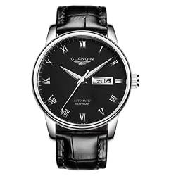 GUANQIN Analog Herren-Armbanduhr automatisch, selbstaufziehend, mechanisch, Edelstahl und Leder, Business-Armbanduhr, Datumsanzeige, Leuchtend, wasserdicht, Silber, Schwarz von Guanqin