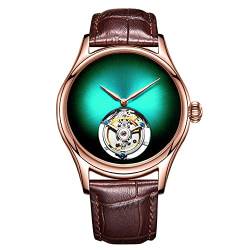 GUANQIN Analoge mechanische Handaufzug Armbanduhr Herren Edelstahl und Leder Saphir Männlich Skelett Echtes Tourbillon Leopard Eye Uhr Wasserdicht Leuchtend, Rose Green Brown, M, 42mm, von Guanqin