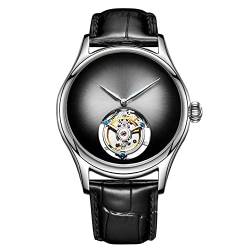 GUANQIN Analoge mechanische Handaufzug Armbanduhr Herren Edelstahl und Leder Saphir Männlich Skelett Echtes Tourbillon Leopard Eye Uhr Wasserdicht Leuchtend, Silber Grau Schwarz, M, 42mm, von Guanqin