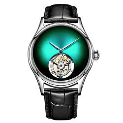 GUANQIN Analoge mechanische Handaufzug Armbanduhr Herren Edelstahl und Leder Saphir Männlich Skelett Echtes Tourbillon Leopard Eye Uhr Wasserdicht Leuchtend, Silver Green Black, M, 42mm, von Guanqin