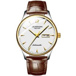 GUANQIN Herren Analog Mode Business Automatik Selbstaufzug Mechanische Edelstahl Band Armbanduhr Datum Leuchtend, Gold Weiß Braun, M, Riemen von Guanqin