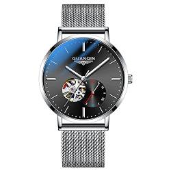 GUANQIN Herren-Armbanduhr, automatisches mechanisches Uhrwerk, leuchtendes Milanaise-/Edelstahl-/Lederband, Skelett-Tourbillon-Uhrwerk, Saphirglas, wasserdicht, selbstaufziehend von Guanqin