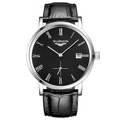 GUANQIN Herren Kalenderuhren Analog Automatik Selbstaufzug Mechanische Armbanduhr mit Edelstahlgehäuse und Lederarmband, Schwarz , Riemen von Guanqin