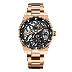 GUANQIN Herren Skelett Automatische Selbstaufzug Mechanische Business Armbanduhr Leuchtend Edelstahl Vintage Armbanduhr Saphirglas Wasserdicht Klassische Uhr, Rosa / Schwarz, M von Guanqin