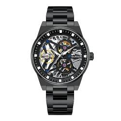 GUANQIN Herren Skelett Automatische Selbstaufzug Mechanische Business Armbanduhr Leuchtend Edelstahl Vintage Armbanduhr Saphirglas Wasserdicht Klassische Uhr, Schwarz , M von Guanqin