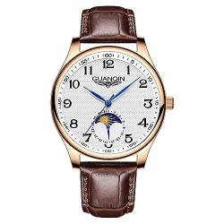 GUANQIN Männer Kalender Mondphase Vintage Armbanduhr Analog Automatische Mechanische Selbstaufzug Stilvolle Armbanduhr Stahl oder Lederband Saphir Wasserdicht Business Uhr, Rose Weiß Braun, M von Guanqin