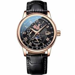 GUANQIN Männer Kalender Mondphase Vintage Armbanduhr Analog Automatische Mechanische Selbstaufzug Stilvolle Armbanduhr Stahl oder Lederband Saphir Wasserdicht Leuchtende Business Uhr, Rosa schwarzes von Guanqin