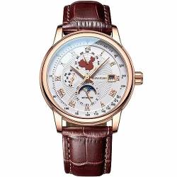 GUANQIN Männer Kalender Mondphase Vintage Armbanduhr Analog Automatische Mechanische Selbstaufzug Stilvolle Armbanduhr Stahl oder Lederband Saphir Wasserdicht Leuchtende Business Uhr, Rose Weiß Braun, von Guanqin