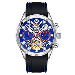 GUANQIN Skelett Tourbillon Automatisch Mechanische Sport Herren Armbanduhr Business Silikonband Saphir Kristall Wasserdicht Selbstaufziehuhr Leuchtende Mondphase Tag Datum, silber, blau, M von Guanqin