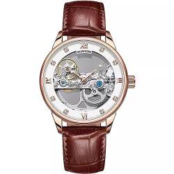 GUANQIN Strass Skelett Automatische Selbstaufzug Vintage Armbanduhr Männer Mechanische Business Armbanduhr Stahl Echtes Leder Saphir Kristall Wasserdichte Uhr Leuchtend, Rose Weiß Braun, M von Guanqin