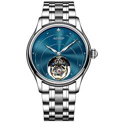 Guanqin Aesop Analoge Mechanische Handaufzug Armbanduhr Herren Edelstahl und Leder Saphir Männlich Skelett Echte Tourbillon Uhr Wasserdicht Leuchtend, Silber-blauer Stahl, M, 42.5mm, Armband von Guanqin