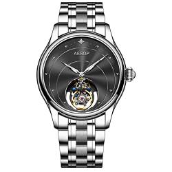 Guanqin Aesop Analoge Mechanische Handaufzug Armbanduhr Herren Edelstahl und Leder Saphir Männlich Skelett Echte Tourbillon Uhr Wasserdicht Leuchtend, Silberfarbener schwarzer Stahl, M, 42.5mm, von Guanqin