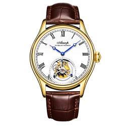 Guanqin Aesop Armbanduhr Analog Manuelle Aufzug Mechanische Uhr Herren Edelstahl und Leder Saphir Männlich Skelett Tourbillon Uhr Wasserdicht, Gold Weiß Braun, M, Riemen von Guanqin