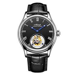 Guanqin Aesop Armbanduhr Analog Manuelle Aufzug Mechanische Uhr Herren Edelstahl und Leder Saphir Männlich Skelett Tourbillon Uhr Wasserdicht, silber, schwarz, M, Riemen von Guanqin