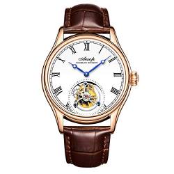 Guanqin Aesop Armbanduhr Analog Manueller Aufzug Mechanische Uhr Herren Edelstahl und Leder Saphir Männlich Skelett Tourbillon Uhr Wasserdicht, Rose Weiß Braun, M, Gurt von Guanqin