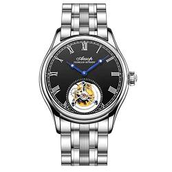 Guanqin Aesop Armbanduhr Analog Manueller Aufzug Mechanische Uhr Herren Edelstahl und Leder Saphir Männlich Skelett Tourbillon Uhr Wasserdicht, Silber Schwarz Stahl, M, Armband von Guanqin