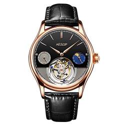 Guanqin Aesop Herren Mechanische Handaufzug Echtes Tourbillon Skelett Business Kleid Mondphase Armbanduhr Lederband, Roségold Schwarz, Riemen von Guanqin