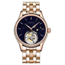 Guanqin Aesop Mechanische Handaufzug Skelett Tourbillon Armbanduhr Herren Edelstahl Saphir Kristall Leder Leuchtende Uhr Wasserdicht Galaxy Sternenhimmel Micro Paint Erde, Rosafarbener Stahl Armband von Guanqin