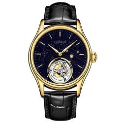 Guanqin Aesop Mechanische Handaufzug Skelett Tourbillon Armbanduhr Herren Edelstahl Saphir Kristall Leder Leuchtende Uhr Wasserdicht Galaxy Sternenhimmel Micro Paint Erde Gold Schwarz Leder Riemen von Guanqin