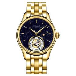 Guanqin Aesop Mechanische Handaufzug Skelett Tourbillon Armbanduhr Herren Edelstahl Saphir Kristall Leder Leuchtende Uhr Wasserdicht Galaxy Sternenhimmel Micro Paint Erde Gold Schwarz Stahl Armband von Guanqin