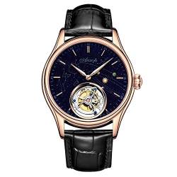 Guanqin Aesop Mechanische Handaufzug Skelett Tourbillon Armbanduhr Herren Edelstahl Saphirglas Leder Leuchtende Uhr Wasserdicht Galaxy Sternenhimmel Micro Paint Earth, Rosa / Schwarz, M, Gurt von Guanqin