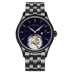 Guanqin Aesop Mechanische Handaufzug Skelett Tourbillon Armbanduhr Herren Edelstahl Saphirglas Leder Leuchtende Uhr Wasserdicht Galaxy Sternenhimmel Micro Paint Earth, Schwarzer Stahl, M, Armband von Guanqin