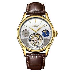 Guanqin Aesop Mechanische Herren-Armbanduhr, echtes Tourbillon-Skelett, Business-Kleid, Mondphase, Lederband, Gold, Weiß, Braun, Gurt von Guanqin