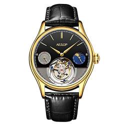 Guanqin Aesop Mechanische Herren-Armbanduhr, echtes Tourbillon-Skelett, Business-Kleid, Mondphase, Lederband, Goldfarben / Schwarz, Gurt von Guanqin