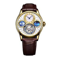 Guanqin Analog Manuelle Aufzug Mechanische Armbanduhr Herren Edelstahl und Leder Saphir Männlich Skelett Tourbillon Mondphase Uhr Wasserdicht Leuchtend, Gold, Weiß, Braun, Gurt von Guanqin