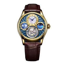 Guanqin Analog Manuelle Aufzug Mechanische Armbanduhr Herren Edelstahl und Leder Saphir Männlich Skelett Tourbillon Mondphase Uhr Wasserdicht Leuchtend, Gold Blau Braun, Gurt von Guanqin