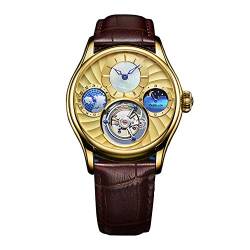 Guanqin Analog Manuelle Aufzug Mechanische Armbanduhr Herren Edelstahl und Leder Saphir Männlich Skelett Tourbillon Mondphase Uhr Wasserdicht Leuchtend, Goldbraun, Gurt von Guanqin