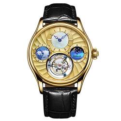 Guanqin Analog Manuelle Aufzug Mechanische Armbanduhr Herren Edelstahl und Leder Saphir Männlich Skelett Tourbillon Mondphase Uhr Wasserdicht Leuchtend, Goldfarben / Schwarz, Gurt von Guanqin