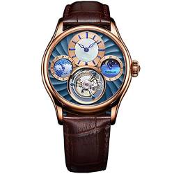 Guanqin Analog Manuelle Aufzug Mechanische Armbanduhr Herren Edelstahl und Leder Saphir Männlich Skelett Tourbillon Mondphase Uhr Wasserdicht Leuchtend, Rotgold, Blau, Braun, Gurt von Guanqin