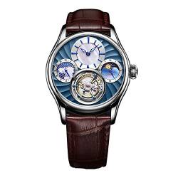 Guanqin Analog Manuelle Aufzug Mechanische Armbanduhr Herren Edelstahl und Leder Saphir Männlich Skelett Tourbillon Mondphase Uhr Wasserdicht Leuchtend, Silber, Blau, Braun, Gurt von Guanqin