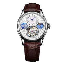 Guanqin Analog Manuelle Aufzug Mechanische Armbanduhr Herren Edelstahl und Leder Saphir Männlich Skelett Tourbillon Mondphase Uhr Wasserdicht Leuchtend, Silber, Weiß, Braun, Gurt von Guanqin