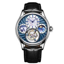 Guanqin Analog Manuelle Aufzug Mechanische Armbanduhr Herren Edelstahl und Leder Saphir Männlich Skelett Tourbillon Mondphase Uhr Wasserdicht Leuchtend, Silber Blau Schwarz, Gurt von Guanqin